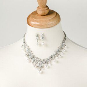Bridal Statement Necklace & Earring Set, Cubic Zirconia and Pearl Jewelry Set